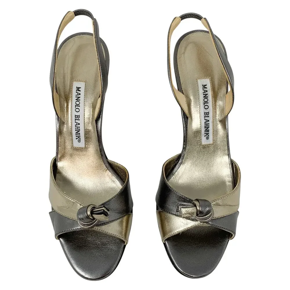 Manolo Blahnik Budingasling Bronze Metallic Knot Slingbacks 37